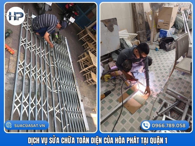 Chúng tôi không chỉ sửa một loại cửa. Với đội ngũ thợ đa năng, Hòa Phát cung cấp giải pháp tổng thể cho mọi hệ thống cửa bảo vệ tại trung tâm thành phố. Chuyên sửa cửa sắt kéo và cửa kéo Đài Loan Đây là loại cửa thông dụng nhất tại các ki-ốt, cửa hàng. Sửa cửa kéo Đài Loan: Chuyên thay nhíp, thay lá tole mạ màu (xanh, vàng, kem), thay nhựa long đền trắng. Sửa cửa sắt kéo quận 1: Hàn gia cố khung sắt, sơn lại cửa cũ bị rỉ sét, gia cố bát khóa chống trộm. Sửa cửa kéo U: Xử lý các loại cửa kéo tôn mạ màu công nghệ mới, cửa kéo inox 304 cao cấp không rỉ. Sửa cửa sổ kéo Quận 1 Cửa sổ kéo (thường làm bằng sắt hoặc nhôm) giúp lấy gió và bảo vệ an ninh. Tuy nhiên, do ít sử dụng nên thường bị kẹt cứng. Dịch vụ: Chúng tôi nhận sửa cửa sổ kéo quận 1 tại nhà, tra dầu, thay chốt khóa, sửa khung bảo vệ cửa sổ. Lợi ích: Giúp cửa sổ đóng mở nhẹ nhàng, đảm bảo thoát hiểm khi cần thiết. Sửa cửa cuốn Quận 1 (Dịch vụ mở rộng) Ngoài cửa kéo tay, Hòa Phát còn có đội ngũ chuyên sâu về sửa cửa cuốn quận 1: Sửa cửa cuốn bị kẹt nan, xổ lô, đứt lá. Sửa motor cửa cuốn, thay bình lưu điện, làm thêm remote cửa cuốn. Chuyên trị các dòng cửa cuốn Đức (Mitadoor, Titadoor), cửa cuốn Úc (Austdoor), cửa cuốn Đài Loan. Sửa cửa xếp và cửa khung thép Nhận sửa cửa xếp nhựa nhà vệ sinh, cửa xếp sắt cho kho hàng và sửa cửa kéo khung thép nhà xưởng công nghiệp.