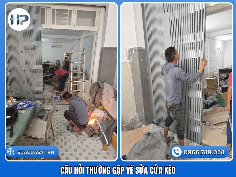 Cửa kéo bị kẹt phải làm sao? Đầu tiên hãy kiểm tra đường ray xem có vật cản không. Nếu không, có thể do hỏng bạc đạn hoặc lệch ray. Đừng cố kéo mạnh gây sửa cửa kéo bung lá, hãy gọi thợ chuyên nghiệp để xử lý. Cách sửa cửa kéo bị lệch ray tại nhà? Nếu lệch nhẹ, bạn có thể dùng búa gõ nhẹ để nắn lại máng treo. Tuy nhiên, nếu lệch nặng hoặc cửa đã rớt khỏi ray, cần tháo dỡ để chỉnh lại khung, việc này cần dụng cụ chuyên dụng. Thợ có làm việc vào ngày Chủ Nhật và Lễ Tết không? Hòa Phát phục vụ 24/7, bao gồm cả sửa cửa kéo ngày lễ. Chúng tôi hiểu rằng sự cố cửa ảnh hưởng trực tiếp đến an ninh nhà bạn. Sửa cửa kéo rỉ sét lâu năm có được không? Chúng tôi sẽ cắt bỏ phần mục nát, hàn gia cố sắt mới và sơn lại, tiết kiệm chi phí hơn thay cửa mới.