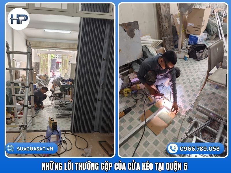 Dựa trên kinh nghiệm thực tế tại các tuyến đường Nguyễn Trãi, Trần Hưng Đạo, Hồng Bàng, chúng tôi nhận thấy cửa kéo tại Quận 5 thường gặp các vấn đề nghiêm trọng sau: Sửa cửa kéo bị kẹt, khó vận hành Đây là lỗi phổ biến nhất. Cửa phát ra tiếng kêu rít chói tai (sửa cửa kéo kêu to khi kéo), cảm giác rất nặng nề. Tình trạng: Sửa cửa kéo không đóng được hoặc sửa cửa kéo không mở được, gây ảnh hưởng lớn đến việc buôn bán. Nguyên nhân: Do bụi bẩn tích tụ làm sửa cửa kéo kẹt ray, hoặc do sửa cửa kéo rỉ sét lâu năm khiến các khớp nối bị bó cứng. Giải pháp: Cần vệ sinh, tra dầu và nắn chỉnh lại máng treo. Nếu bạn thắc mắc cửa kéo bị kẹt phải làm sao, hãy gọi thợ ngay, đừng cố kéo mạnh. Sửa cửa kéo bị lệch ray, rớt khỏi ray Cánh cửa bị trật ra khỏi đường ray dẫn hướng (ray trên hoặc ray dưới), nghiêng ngả và có nguy cơ đổ sập. Nguyên nhân: Thường do xe máy/xe hàng va chạm mạnh hoặc nền nhà bị sụt lún khiến khung cửa bị vặn. Việc sửa cửa kéo lệch ray giá rẻ cần được thực hiện ngay để đảm bảo an toàn. Hư hỏng linh kiện phần cứng (Bánh xe, Nhíp, Lá) Sửa cửa kéo hỏng bánh xe/gãy bánh xe: Bánh xe chịu tải trọng lớn, sau thời gian dài sẽ bị mòn vẹt hoặc vỡ bi. Nhu cầu thay bánh xe cửa kéo tại nhà ở Quận 5 rất cao. Sửa cửa kéo bung lá: Các lá tole bị rách, móp méo hoặc bung ra khỏi thanh U. Chúng tôi nhận sửa cửa kéo bung lá nhanh chóng để đảm bảo tính thẩm mỹ và an toàn. Gãy thanh U/Nhíp: Sửa cửa kéo bị gãy thanh U hoặc gãy nhíp chéo khiến cửa bị xệ, không xếp gọn được. Các lỗi khác Sửa cửa kéo hỏng khóa: Ổ khóa bị kẹt, gãy chìa, bát khóa bị bung mối hàn. Sửa cửa kéo kêu to: Do thiếu dầu mỡ hoặc bạc đạn bị vỡ nát.
