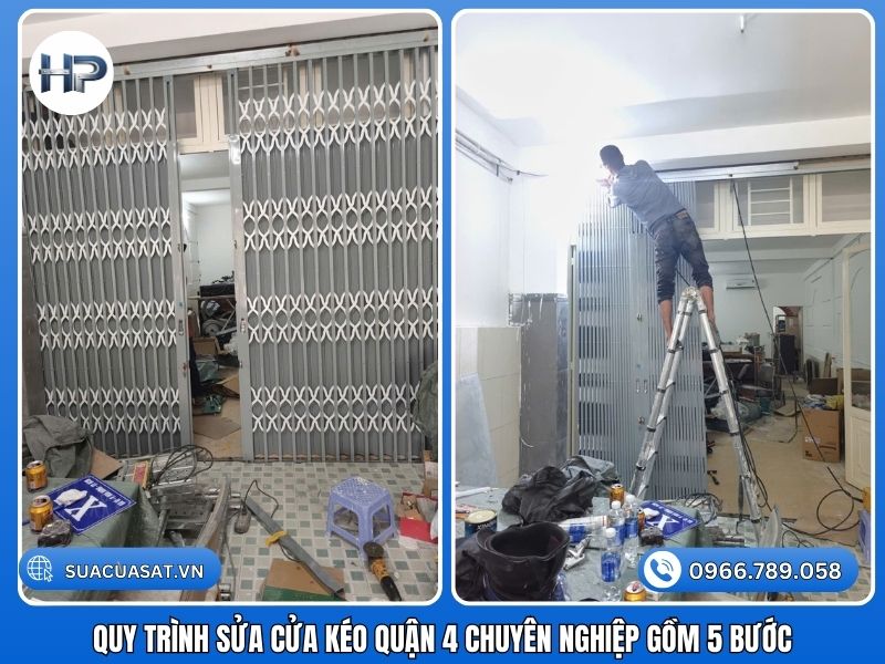 Chúng tôi áp dụng quy trình chuyên nghiệp để đảm bảo quyền lợi cho khách hàng: Tiếp nhận: Khách hàng gọi hotline yêu cầu sửa cửa kéo quận 4. Nhân viên ghi nhận tình trạng (cửa kéo bị kẹt tại nhà, hỏng khóa…). Khảo sát: Thợ đến tận nơi sau 15 phút, kiểm tra nguyên nhân (sửa cửa kéo kẹt ray, gãy nhíp…). Báo giá: Tư vấn phương án tối ưu (sửa hay thay) và báo giá trọn gói. Thi công: Tiến hành sửa chữa, thay bánh xe cửa kéo tại nhà. Đảm bảo an toàn, vệ sinh sạch sẽ. Nghiệm thu & Bảo hành: Khách hàng kiểm tra cửa vận hành êm ái. Thợ dán tem bảo hành và bàn giao.