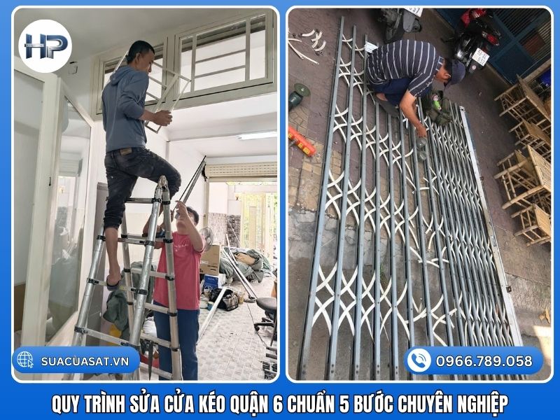 Chúng tôi áp dụng quy trình chuyên nghiệp để đảm bảo quyền lợi cho khách hàng: Tiếp nhận: Khách hàng gọi hotline yêu cầu sửa cửa kéo quận 6. Nhân viên ghi nhận tình trạng (sửa cửa kéo bị kẹt tại nhà, hỏng khóa…). Khảo sát: Thợ đến tận nơi sau 15 phút, kiểm tra nguyên nhân (sửa cửa kéo kẹt ray, gãy bánh xe…). Báo giá: Tư vấn phương án tối ưu (sửa hay thay) và báo giá trọn gói. Thi công: Tiến hành sửa chữa, thay bánh xe cửa kéo tại nhà. Đảm bảo an toàn, vệ sinh sạch sẽ. Nghiệm thu & Bảo hành: Khách hàng kiểm tra cửa vận hành êm ái. Thợ dán tem bảo hành và bàn giao.