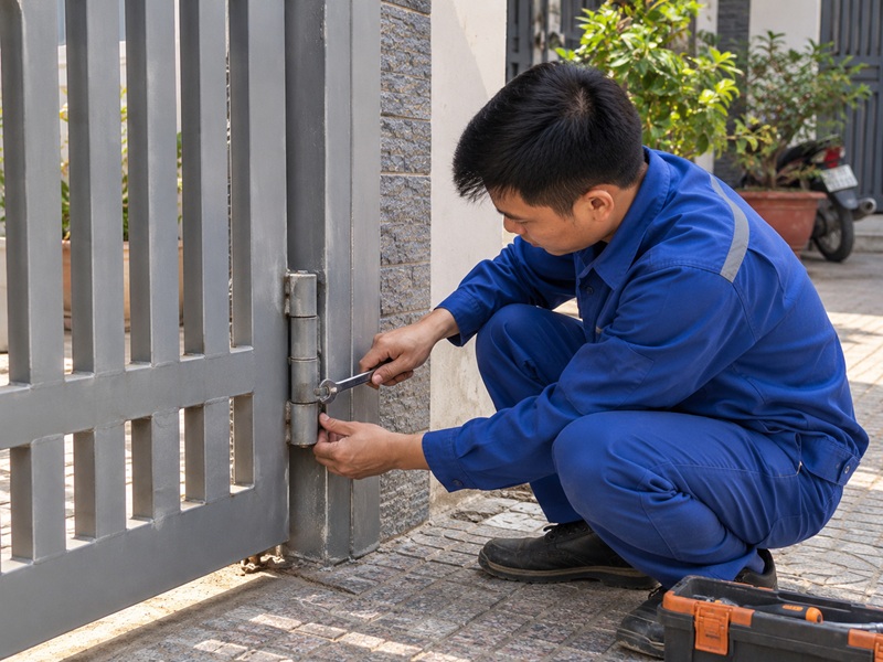 thợ sửa cửa sắt tại quận 8 đang kiểm tra bản lề cửa