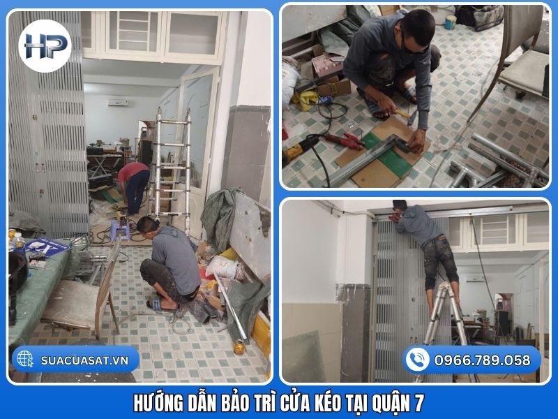 Do đặc thù Quận 7 có nhiều khu vực ngập nước và độ ẩm cao, để cửa kéo hoạt động trơn tru và tăng tuổi thọ, tránh việc phải gọi dịch vụ sửa cửa kéo liên tục, bạn nên lưu ý: Vệ sinh đường ray thường xuyên: Đây là việc quan trọng nhất. Hãy quét sạch cát bụi, đất đá, rác thải trong ray âm nền. Bụi bẩn là nguyên nhân chính gây sửa cửa kéo kẹt ray và làm vỡ bánh xe. Tra dầu mỡ định kỳ: 3 tháng/lần, hãy tra mỡ bò hoặc nhớt vào các bạc đạn bánh xe, các khớp nối nhíp và máng treo trên. Việc này giúp cửa vận hành nhẹ nhàng và tránh sửa cửa kéo kêu to. Đóng mở nhẹ nhàng: “Của bền tại người”. Tránh dùng lực quá mạnh hoặc đóng sầm cửa, điều này dễ gây sửa cửa kéo bị lệch ray hoặc gãy thanh U. Xử lý rỉ sét kịp thời: Với sửa cửa kéo sắt, khi thấy dấu hiệu sơn bị bong tróc hoặc rỉ sét do nước mưa/triều cường, hãy mua sơn về dặm lại ngay để bảo vệ cốt sắt bên trong. Cách sửa cửa kéo bị lệch ray (Mẹo nhỏ): Nếu cửa chỉ bị lệch nhẹ, bạn có thể dùng búa gõ nhẹ vào máng treo để nắn lại. Tuy nhiên, nếu lệch nặng, tuyệt đối không tự tháo dỡ mà hãy gọi thợ chuyên nghiệp.