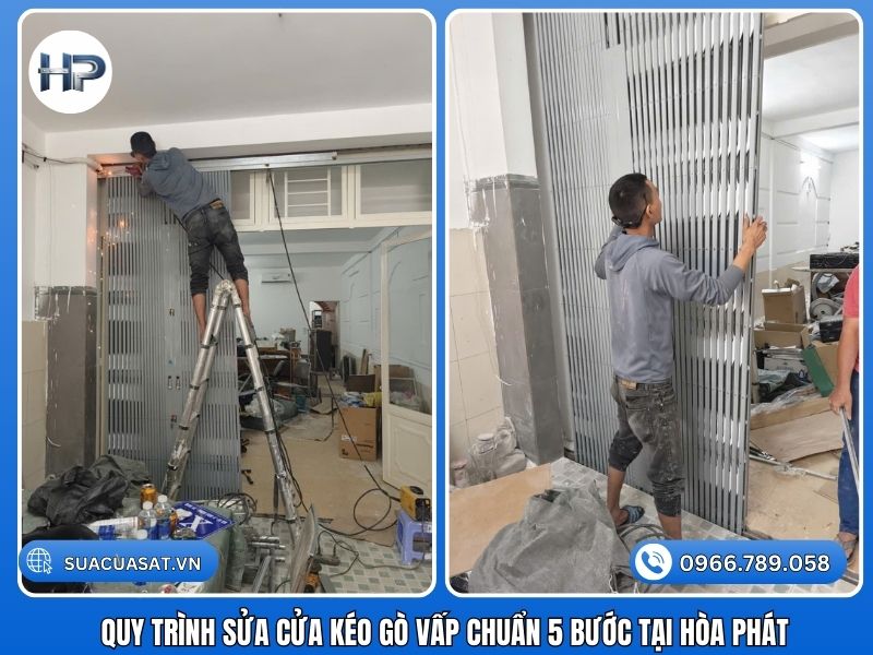 Chúng tôi áp dụng quy trình sửa chữa chuyên nghiệp và minh bạch. Khách hàng tại Gò Vấp có thể dễ dàng giám sát từng bước thực hiện của thợ. Quy trình cụ thể như sau: Tiếp nhận thông tin qua Hotline và Zalo Khách hàng liên hệ qua số điện thoại hoặc Zalo. Bạn hãy mô tả tình trạng cửa bị kẹt, xệ cánh hoặc hỏng khóa. Chúng tôi sẽ tiến hành tư vấn sơ bộ. Kỹ thuật viên gần nhất tại Gò Vấp sẽ di chuyển đến nhà bạn ngay. Khảo sát và kiểm tra thực tế Thợ sửa cửa kéo sẽ có mặt sau 15 đến 30 phút. Chúng tôi kiểm tra trực tiếp mức độ hư hỏng. Việc khảo sát giúp xác định chính xác nguyên nhân lỗi. Dù là lỗi vỡ bánh xe hay sửa cửa kéo sắt bị kẹt ray tại nhà, chúng tôi đều xử lý nhanh. Báo giá và chốt phương án thi công Dựa trên thực tế, thợ sẽ đưa ra phương án tối ưu nhất. Ví dụ như hàn gia cố hoặc thay mới phụ kiện. Chúng tôi báo giá sửa cửa kéo chi tiết và minh bạch. Hòa Phát cam kết sửa cửa kéo giá rẻ. Tuyệt đối không phát sinh chi phí ẩn sau khi thỏa thuận. Thi công sửa chữa chuyên sâu Đội ngũ kỹ thuật tiến hành thay bánh xe và sửa ray U. Chúng tôi cũng hỗ trợ thay nhíp hoặc sửa bạc đạn cửa kéo. Mọi tình trạng bung lá cửa đều được xử lý triệt để. Quy trình này giúp cửa vận hành êm ái trở lại. Xử lý bề mặt và chống gỉ hoàn thiện Thợ sẽ mài nhẵn các vết hàn mới. Chúng tôi thực hiện đánh sạch các vết rỉ sét lâu năm. Sau đó, cửa được sơn lót và sơn dầu chống gỉ. Việc này bảo vệ cửa cực tốt trước thời tiết nóng ẩm tại Gò Vấp. Nghiệm thu, thanh toán và bảo hành Chủ nhà kiểm tra hoạt động đóng mở của cửa. Cửa phải hoạt động nhẹ nhàng và không còn tiếng kêu. Sau khi hài lòng, khách hàng mới tiến hành thanh toán. Hòa Phát cam kết bảo hành dịch vụ dài hạn. Chúng tôi luôn hỗ trợ tận tình sau khi sửa chữa.