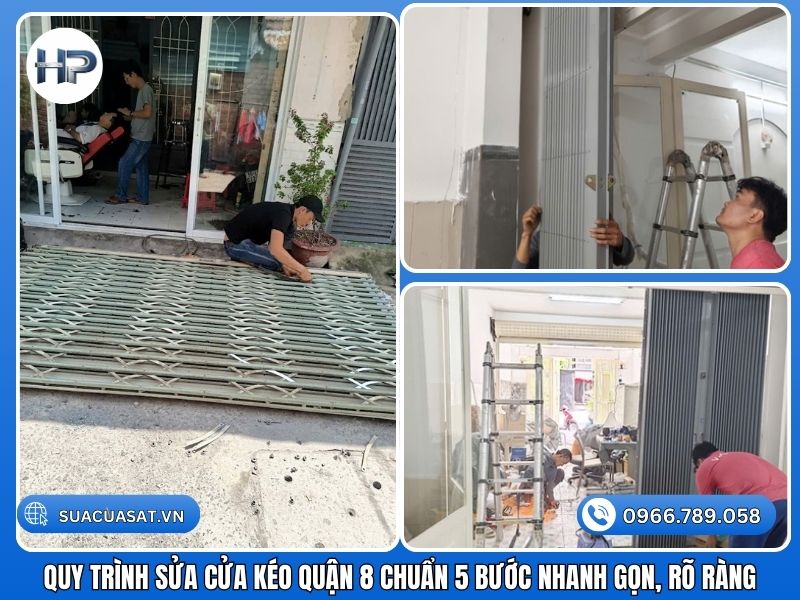 Chúng tôi áp dụng quy trình chuyên nghiệp để đảm bảo quyền lợi cho khách hàng: Tiếp nhận: Khách hàng gọi hotline yêu cầu sửa cửa kéo quận 8. Nhân viên ghi nhận tình trạng (sửa cửa kéo bị kẹt tại nhà, hỏng khóa…). Khảo sát: Thợ đến tận nơi sau 15 phút, kiểm tra nguyên nhân (sửa cửa kéo kẹt ray, gãy nhíp…). Báo giá: Tư vấn phương án tối ưu (sửa hay thay) và báo giá trọn gói. Thi công: Tiến hành sửa chữa, thay bánh xe cửa kéo tại nhà. Đảm bảo an toàn, vệ sinh sạch sẽ. Nghiệm thu & Bảo hành: Khách hàng kiểm tra cửa vận hành êm ái. Thợ dán tem bảo hành và bàn giao.
