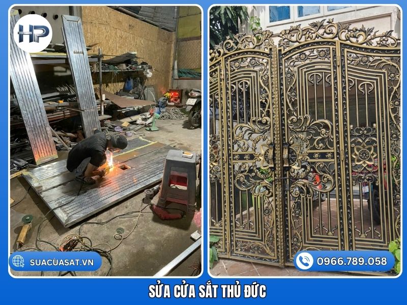 Kỹ thuật viên đang hàn gia cố bản lề cửa cổng sắt tại công trình ở TP Thủ Đức.