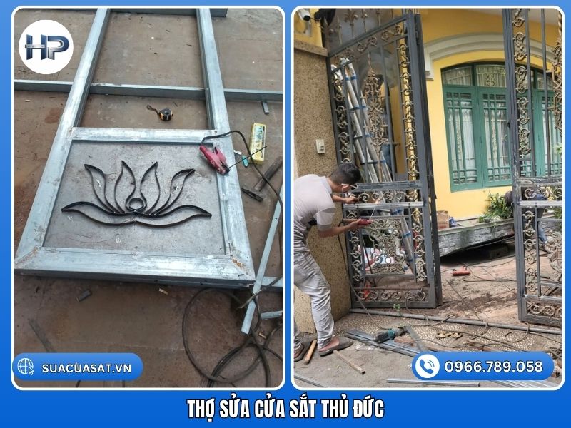Thợ sửa cửa sắt Thủ Đức đang hàn gia cố, khắc phục các lỗi cửa sắt cũ hư hỏng tận nhà. Dịch vụ chuyên nghiệp của Sửa Cửa Sắt Hòa Phát. Hotline: 096.67890.58