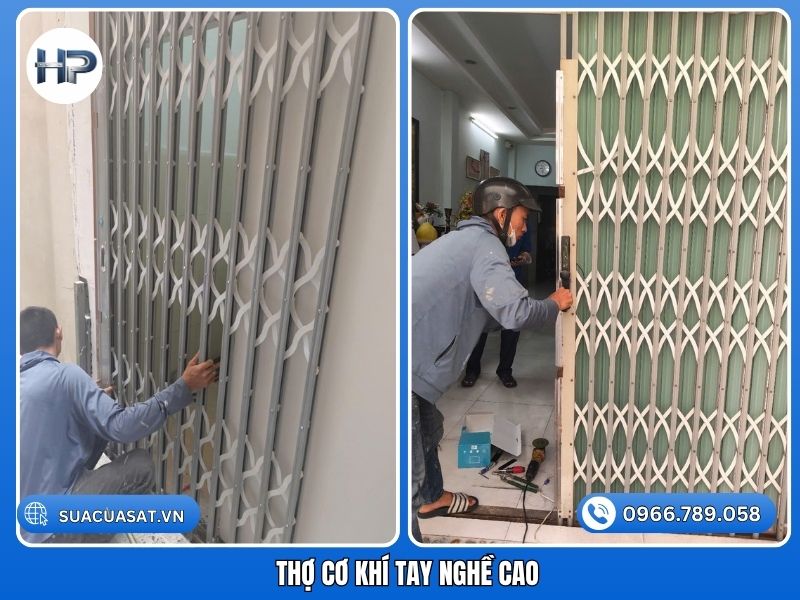 Thợ cơ khí tay nghề cao đang sửa cửa sắt.